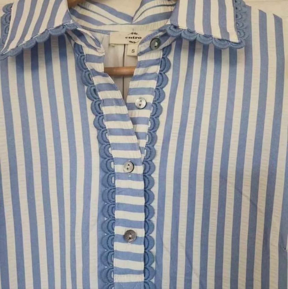 NWOT entro Blue and White Striped Puff-Sleeve Tiered Dress NWOT - Picture 3 of 6